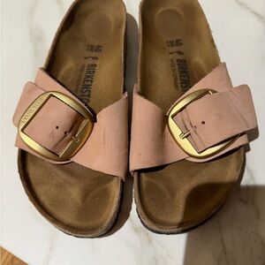 Birkenstock Pink Single Strap Sandals with Gold Buckles